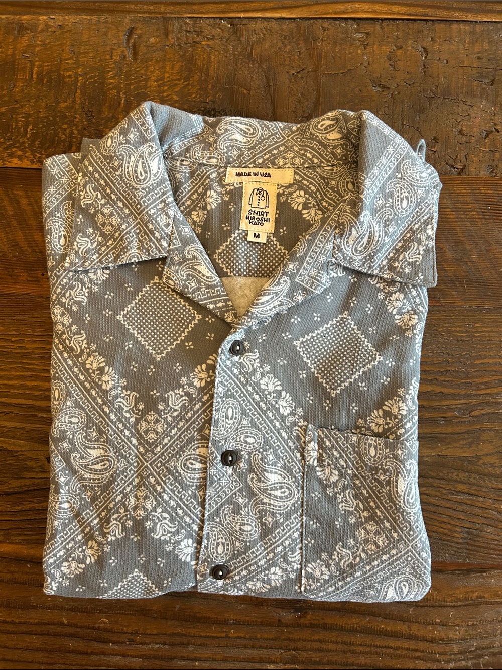 Hiroshi Kato The Wrench Waffle gray Bandana-printShort Sleeve Button-Down Shirt - Picture 4 of 10